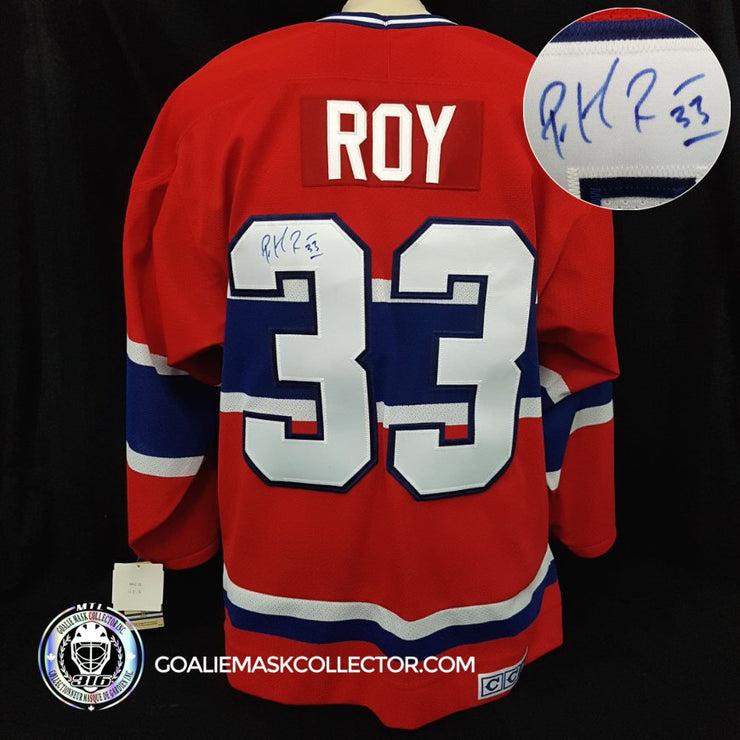 Patrick Roy Colorado Avalanche Autographed White CCM Heroes of Hockey Jersey  with 96 01 SC Champs Inscription