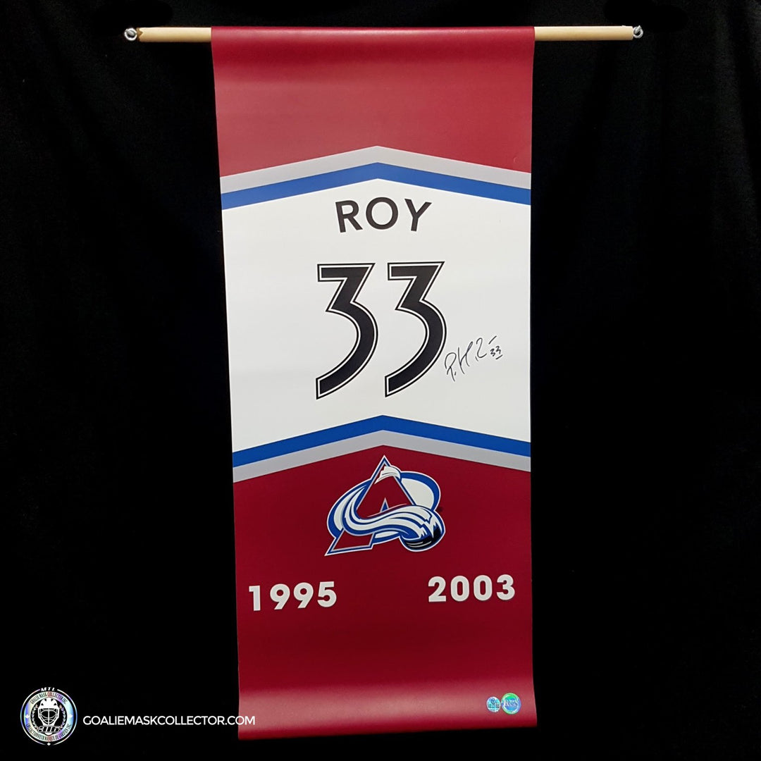 Patrick Roy Signed Colorado Avalanche 1995-2003 Retirement Stanley Cup Year Banner 12 x 28 in - SOLD