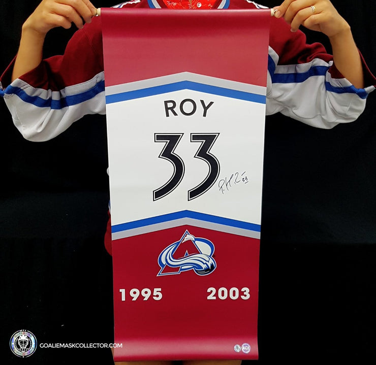 Patrick Roy Signed Colorado Avalanche 1995-2003 Retirement Stanley Cup Year Banner 12 x 28 in - SOLD