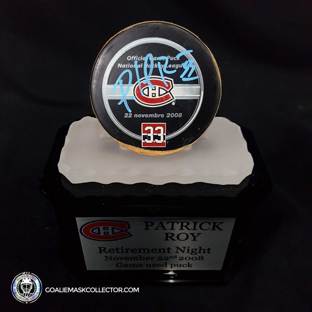 Patrick Roy Signed Game Used Puck Trophy From Jersey Retirement Match of November 22, 2008 -SOLD