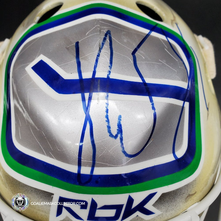 Roberto Luongo Signed Goalie Mask Backup Practice Worn 2008 Vancouver Canucks Lefebvre Protechsport Painted by Marlene Ross - SOLD