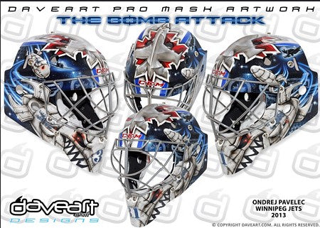 Ondrej Pavelec Practice Worn Game Issued Goalie Mask Winnipeg Jets 2013 Painted by David Gunnarsson DaveArt "The Bomb Attack" on CCM Lefebvre
