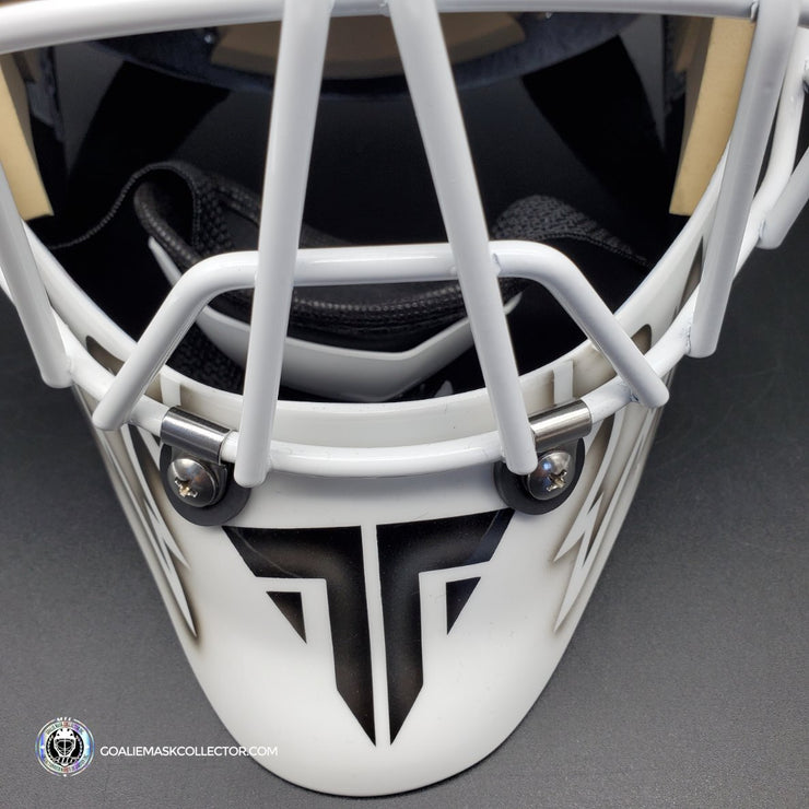 Detail view of the goalie mask worn by Tim Thomas of the Boston