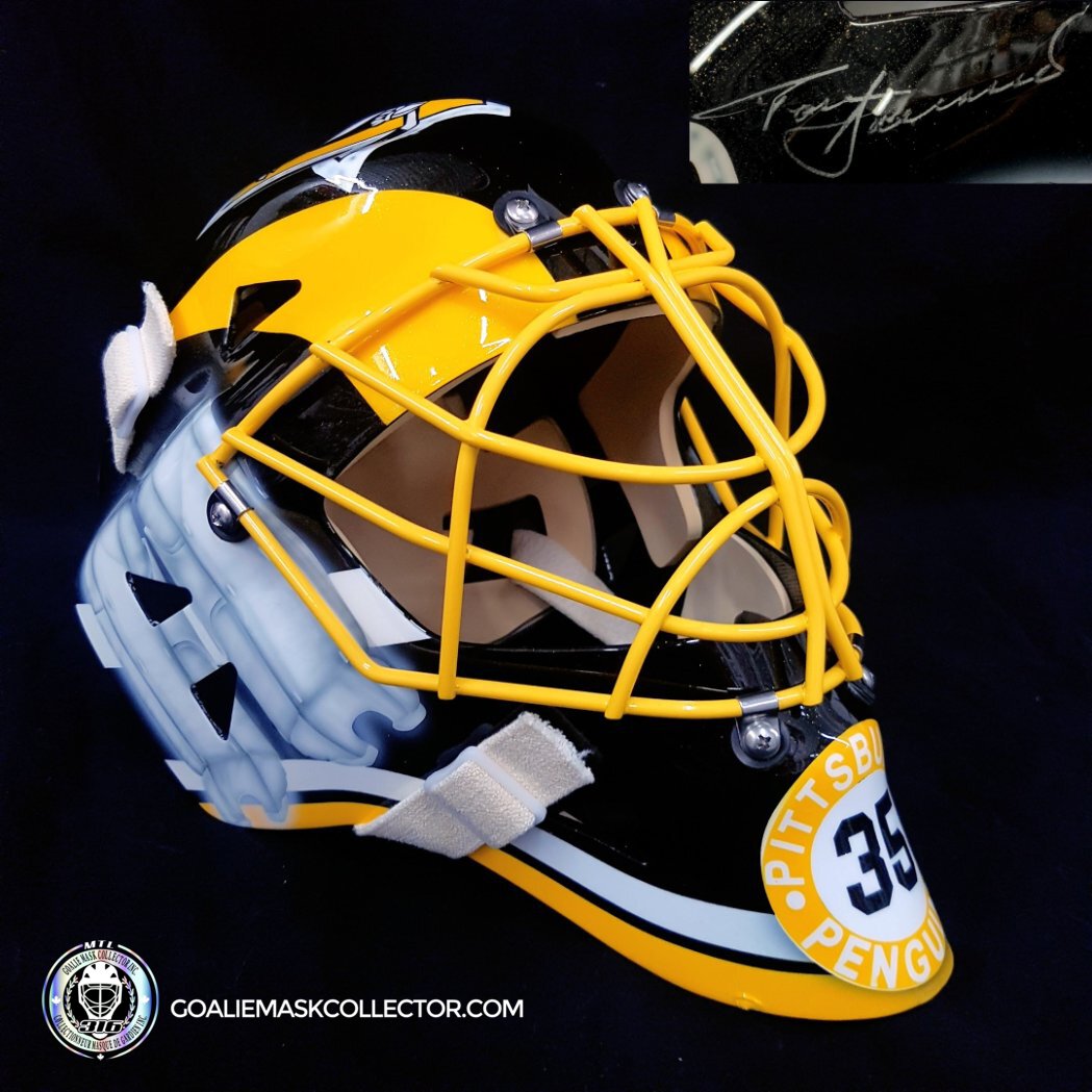 Tom Barrasso Signed Goalie Mask "THE GEAR COLLECTION" Vaughn and Heaton Pad Set Pittsburgh Signature Edition. Goalie Mask Collector.