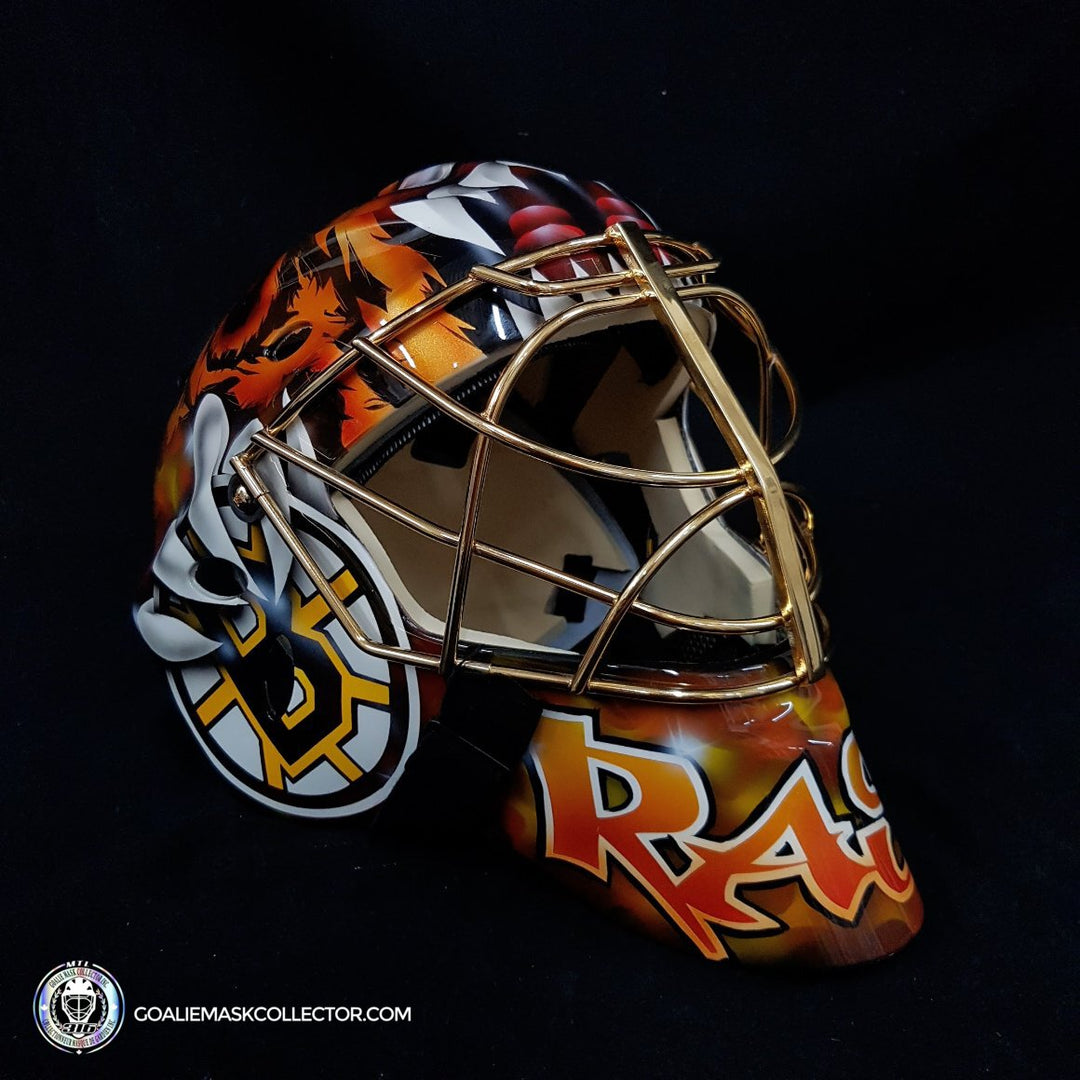 Tuukka Rask Unsigned Goalie Mask Boston Tribute 24k Gold Plated Flat bar Grill Painted on Sportmask Pro