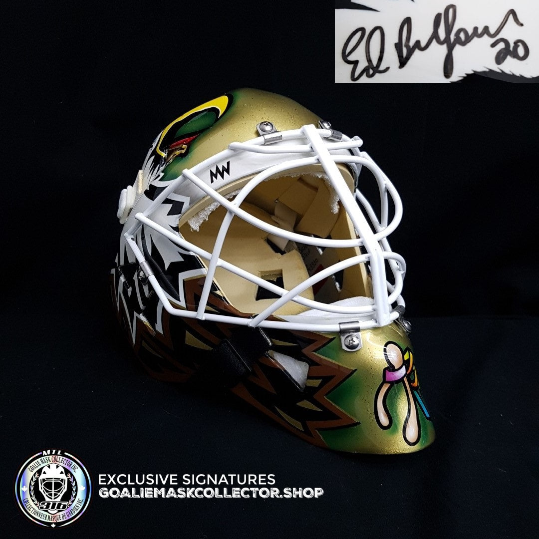 ED BELFOUR 1999 PRO GAME REPLICA GOALIE MASK GOLD DALLAS STARS SIGNED AUTOGRAPHED WARWICK SHELL PAINTED BY MISKA