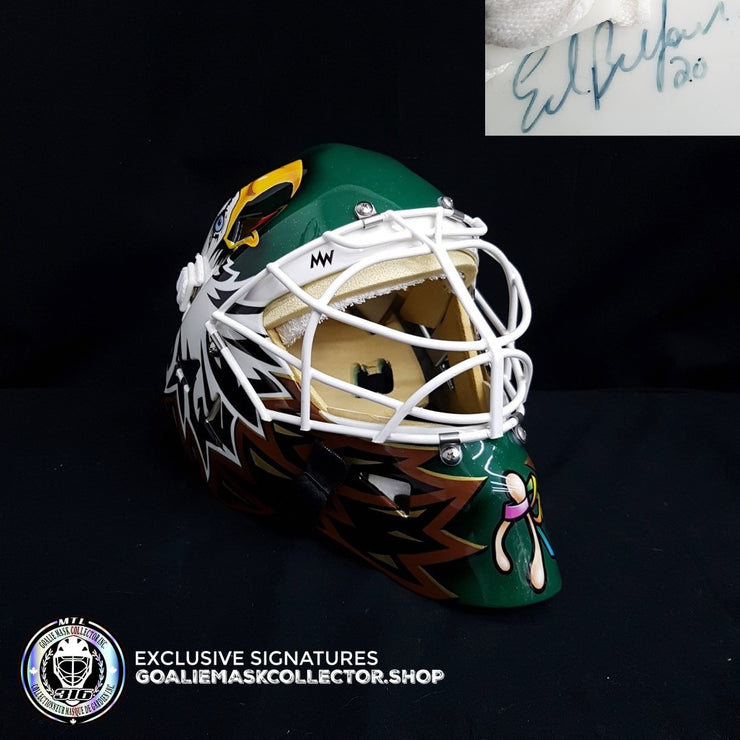 ED BELFOUR 1998 PRO GAME REPLICA GOALIE MASK GREEN DALLAS STARS SIGNED AUTOGRAPHED WARWICK SHELL PAINTED BY MISKA