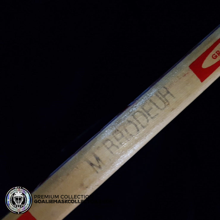 MARTIN BRODEUR GAME USED SIGNED AUTOGRAPHED STICK CCM HEATON 8 PLAYOFFS 2001 STANLEY CUP FINALS VS COLORADO AVALANCHE - "COL 1"  KNOB INSCRIPTION 