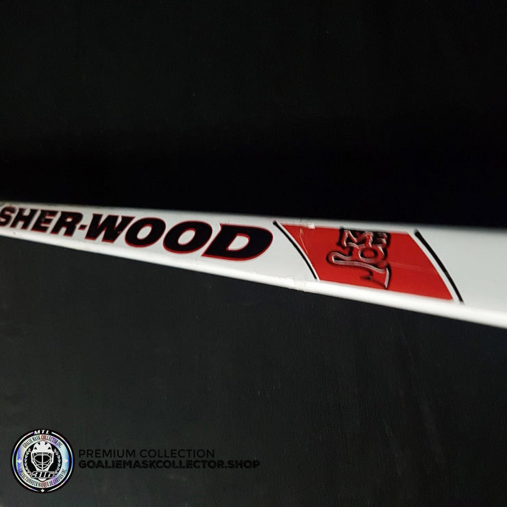 MARTIN BRODEUR GAME USED STICK SIGNED AUTOGRAPHED SHERWOOD MB30 PLAYOFFS 2012 CONFERENCE FINALS VS NY RANGERS - "NYR 3"  KNOB INSCRIPTION